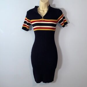 Ardene collared knit Sweater dress fitted bodycon- Navy, Red, Yellow Stripe  XS